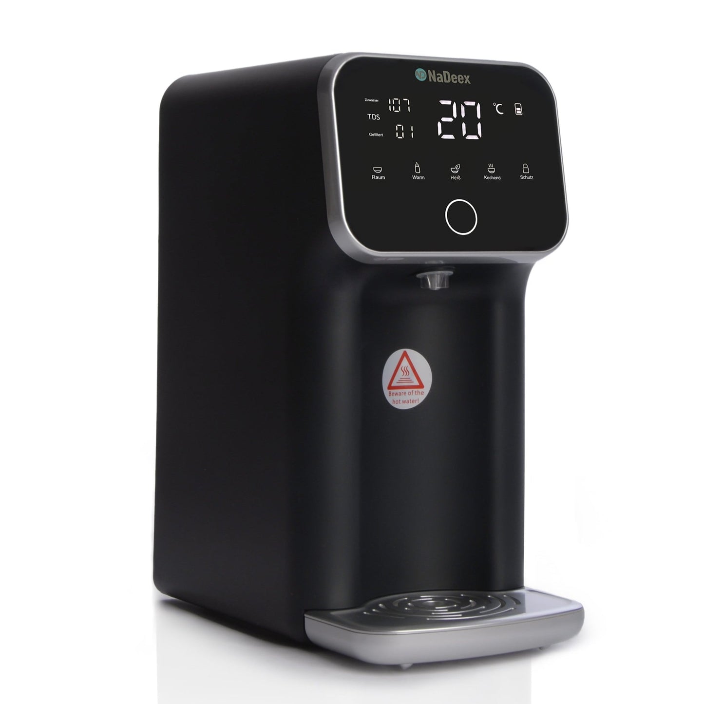 NaDeex Wasserfilter schwarz – linke Seitenansicht, Premium-Optik, innovative Wasserreinigung für die Küche