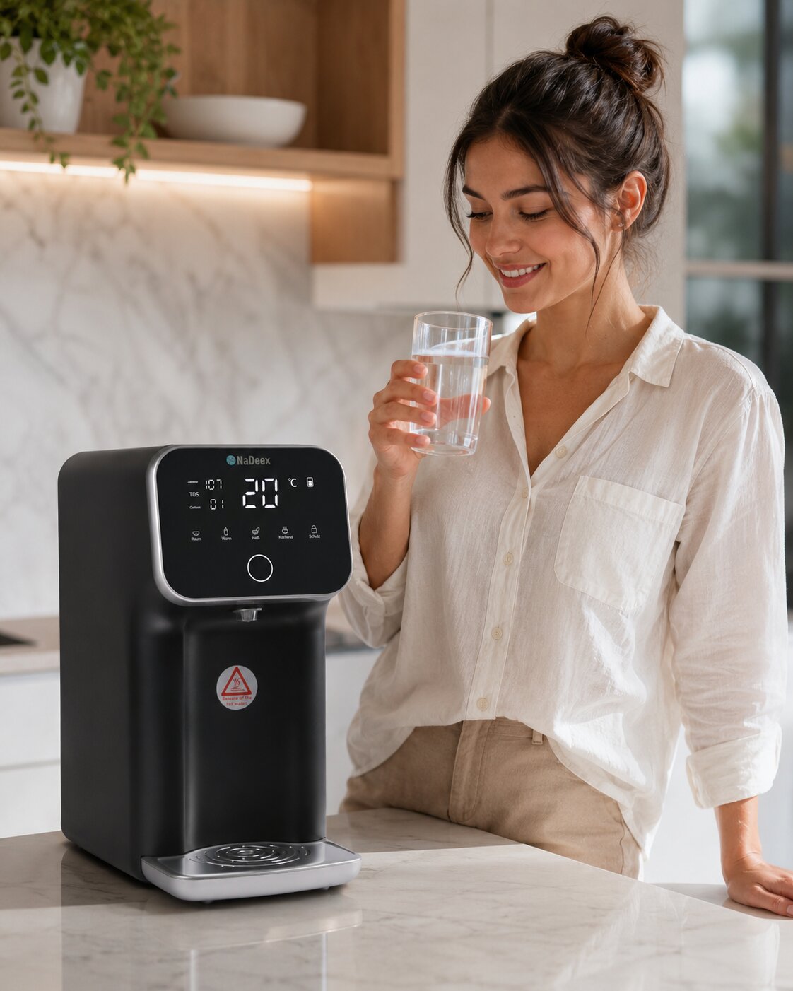 Frau in Küche mit Glas Wasser in der Hand neben NaDeex Wasserfilter