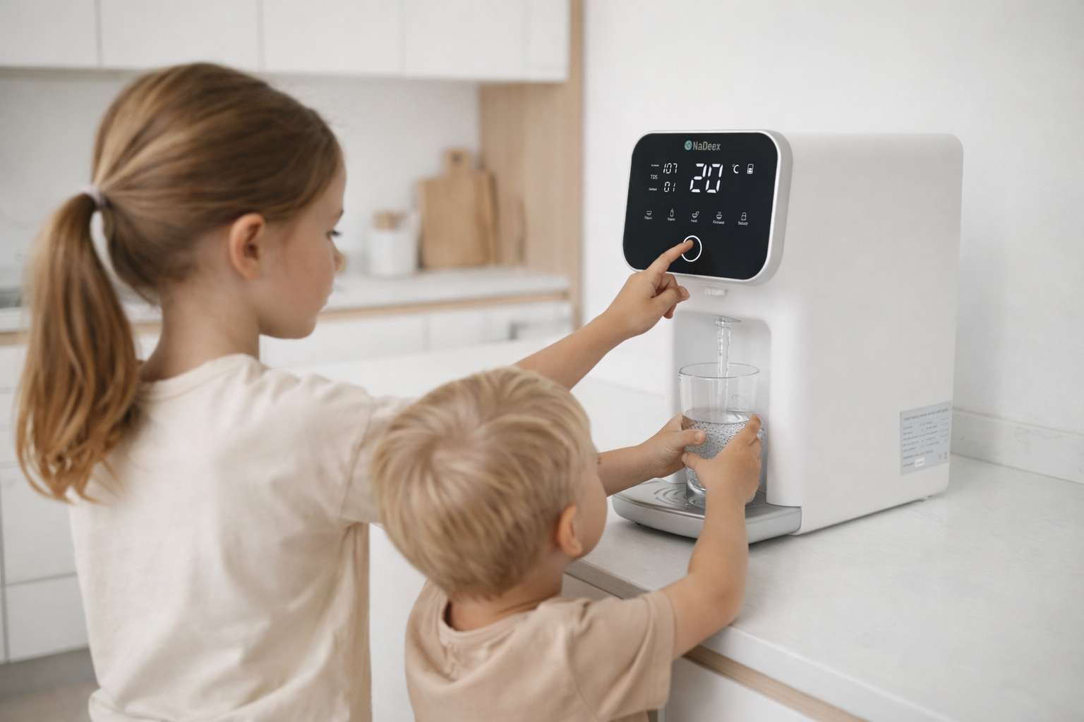 Kinder benutzen NaDeex Umkehrosmose Wasserfilter in moderner Küche und füllen ein Glas Trinkwasser